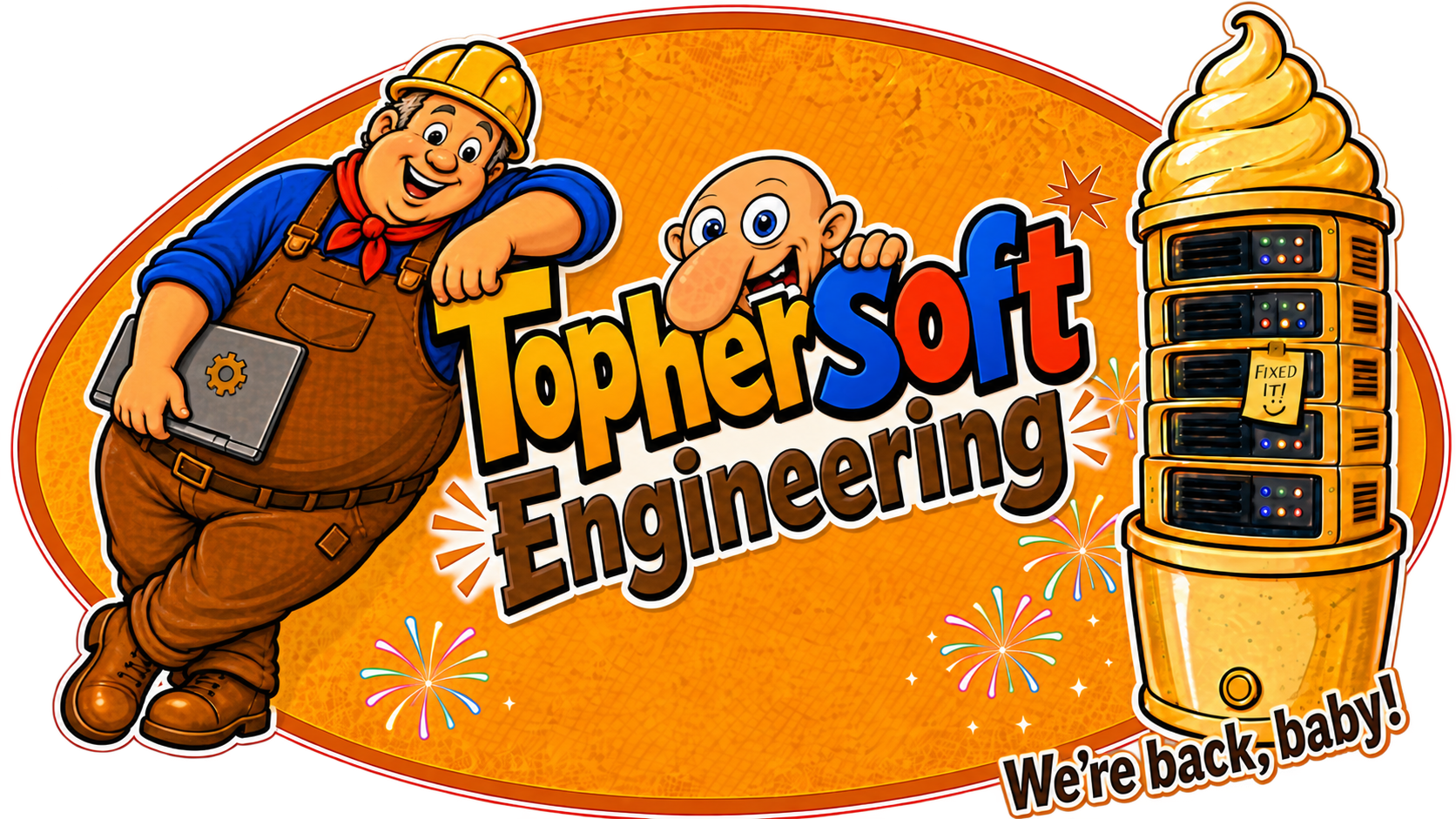 TopherSoft Engineering cartoon logo with engineer, mascot and server tower